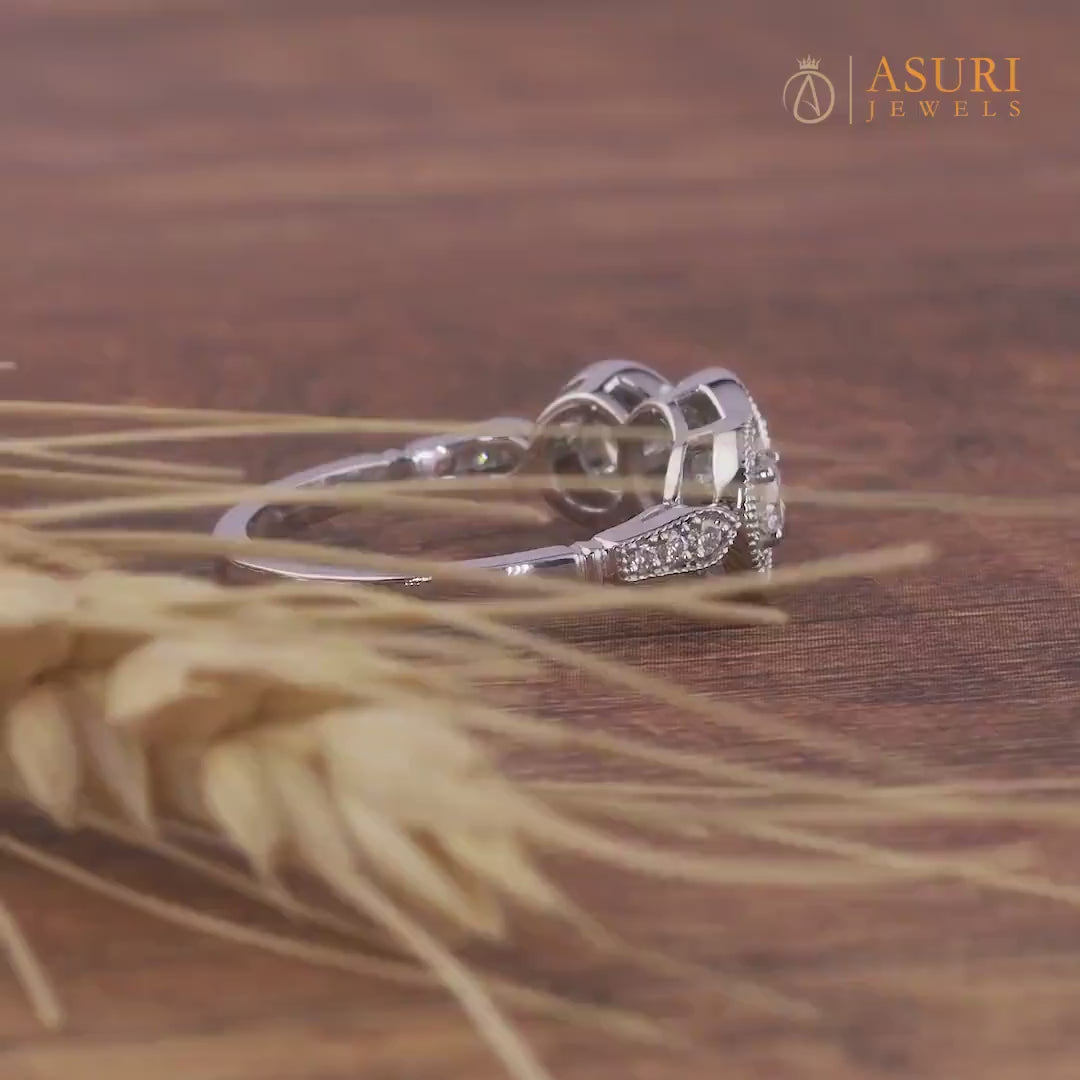 Art Deco Moissanite Three Stone Halo Engagement Ring Milgrain Vintage Style Promise Ring For Women