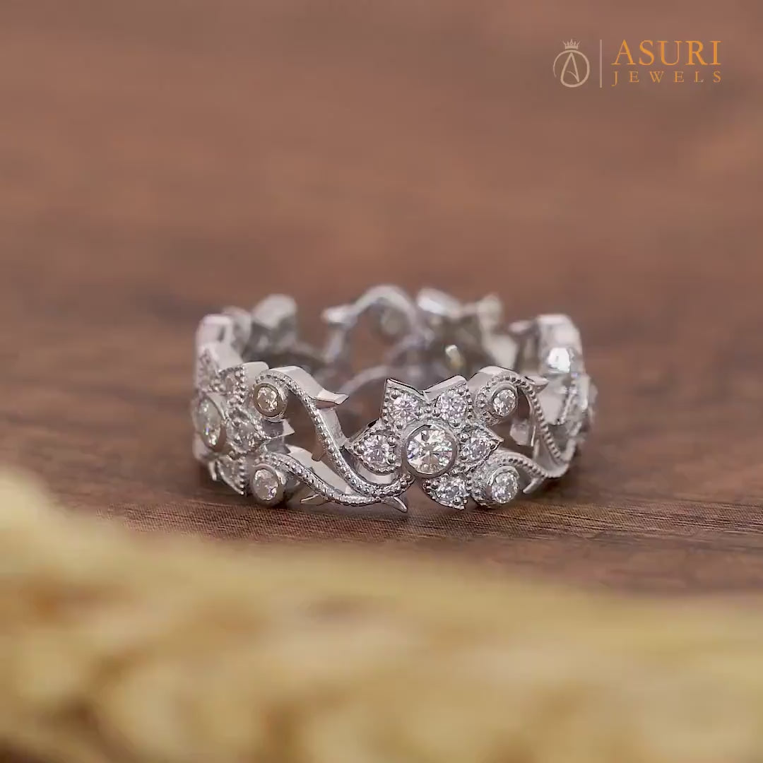 Engraved Floral Wedding Band Women, Leaf And Vine Nature Inspired Ring, Twig Branch Anniversary Rings, Unique Art Deco Promise Ring, Antique Wedding Anniversary Band, Filigree Band