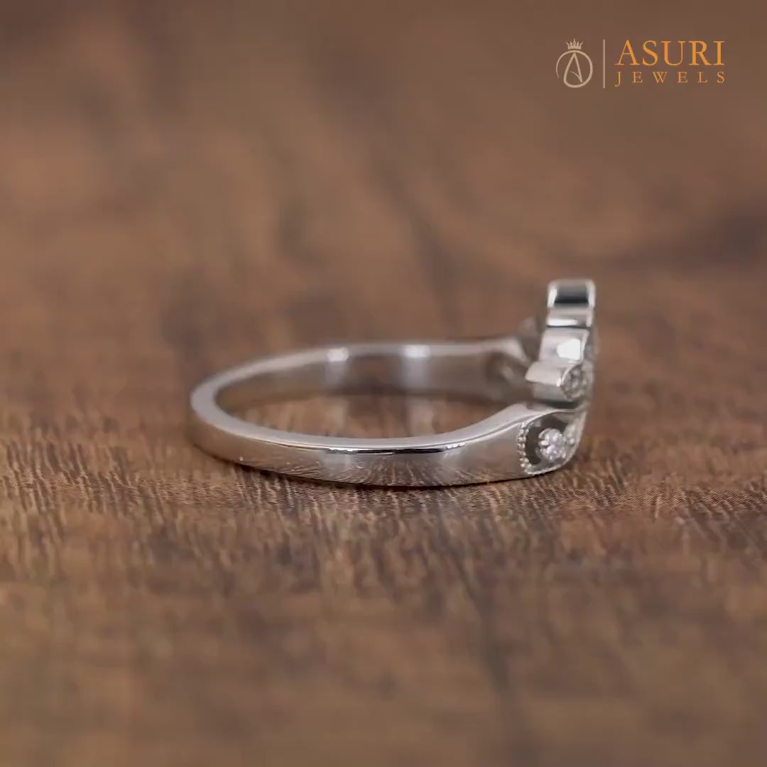 Vintage Curved Wedding Bands Women, Art Deco Moissanite Nesting Band, Contoured Stackable Rings, U Shaped Matching Band, Bridal Ring, Arched Wedding Band, Stacking Ring