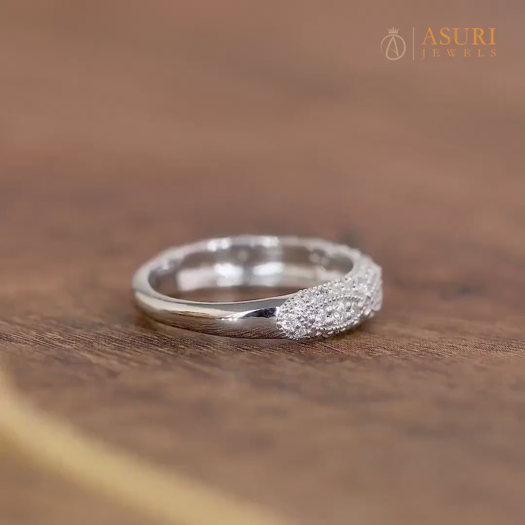 Moissanite Vintage Wedding Bands Women, Milgrain Half Eternity Band, Antique Art Deco Ring, Gold Wide Band Ring, Anniversary Rings For Women