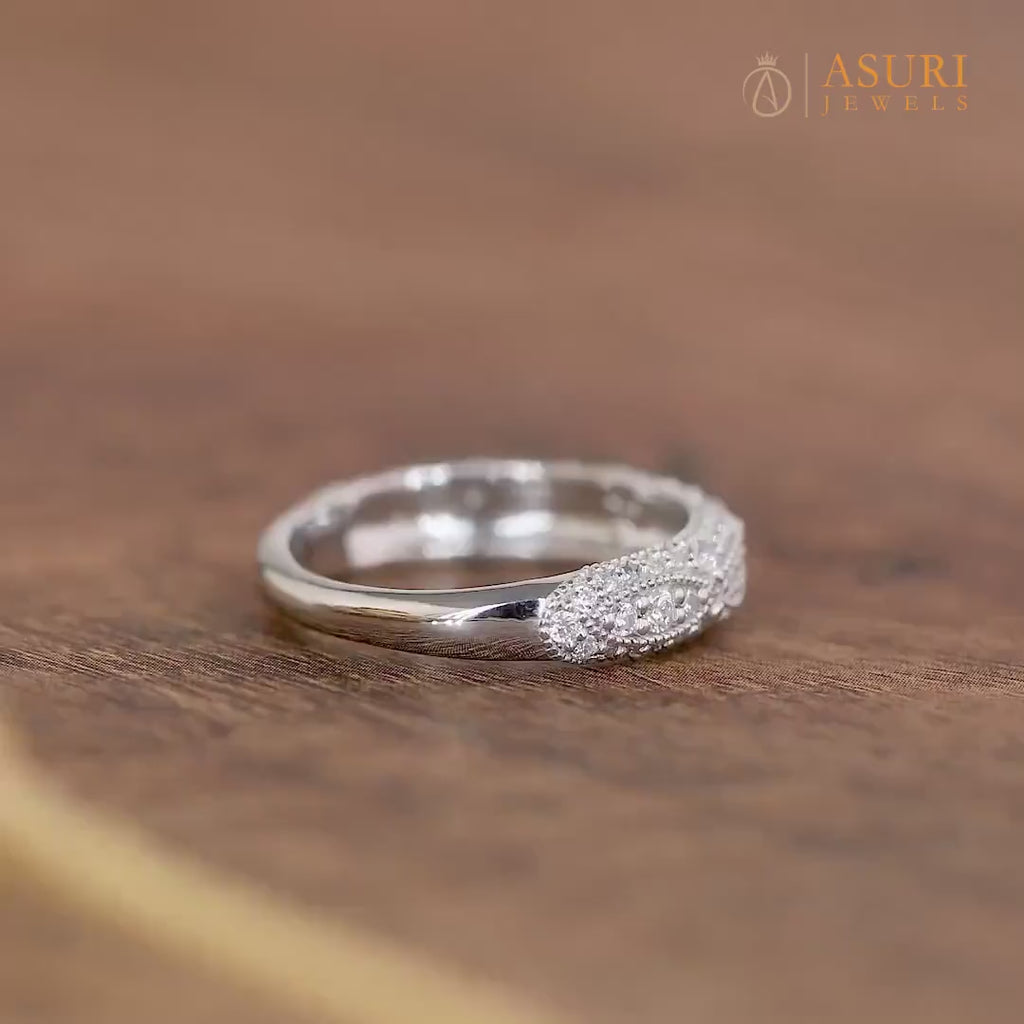 Moissanite Vintage Wedding Bands Women, Milgrain Half Eternity Band, Antique Art Deco Ring, Gold Wide Band Ring, Anniversary Rings For Women