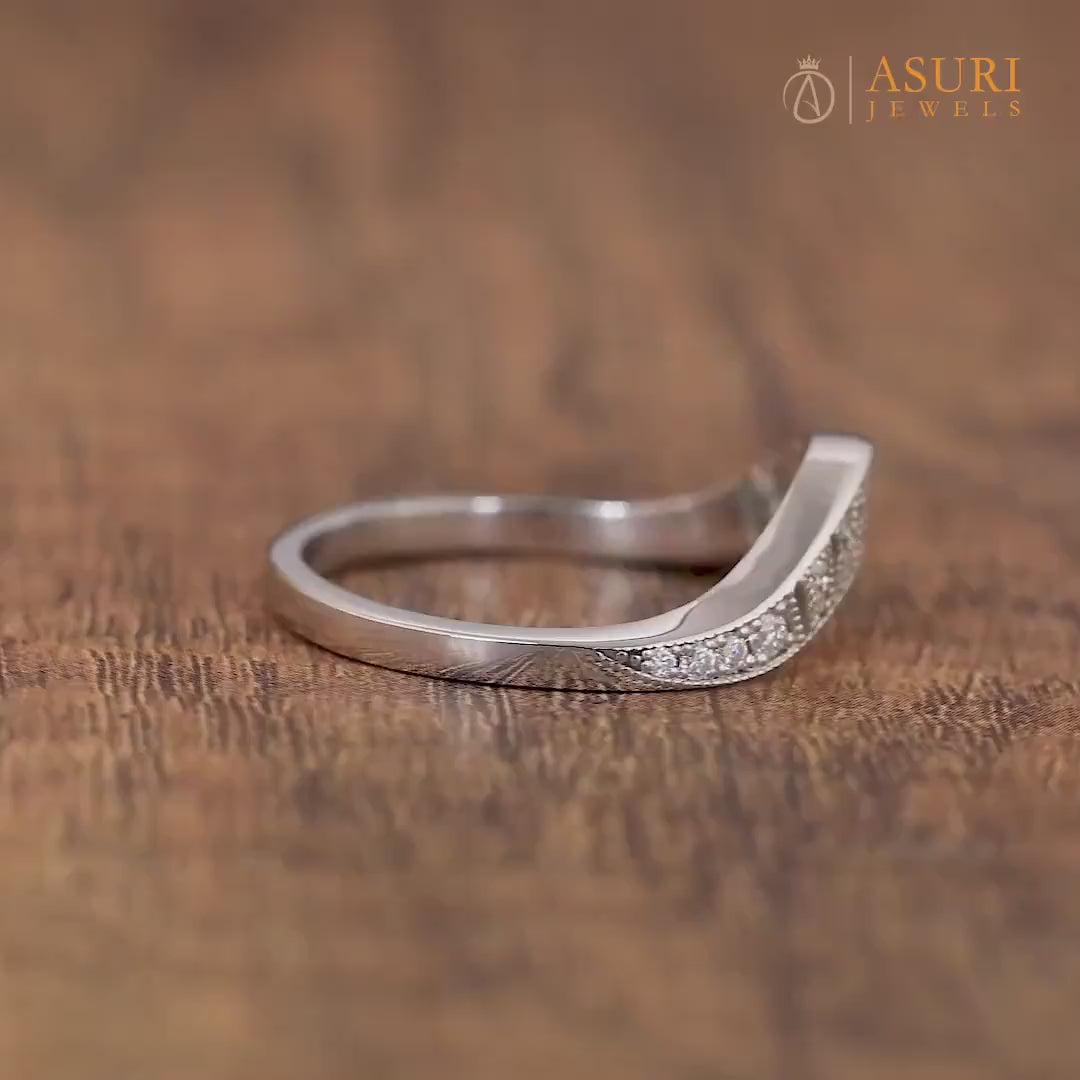 Arched Wedding Bands Women, Contour Wedding Bands Women, Vintage Curved Band For Women, Milgrain Art Deco Stackable Rings, Anniversary Ring, Bridal Matching Band, Curve Stacking Ring