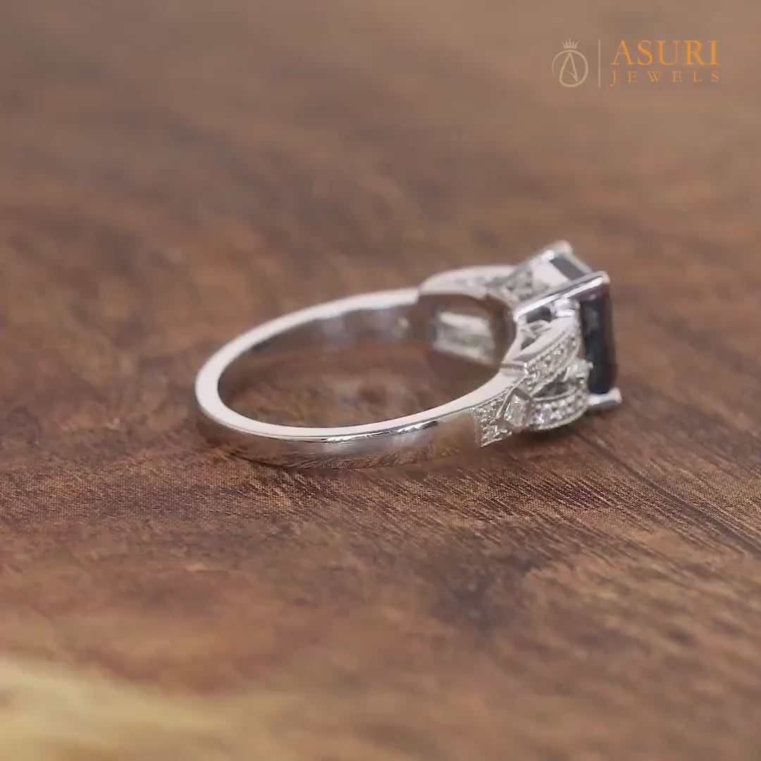 Blue Moissanite Emerald Cut Engagement Ring, Vintage Electric Blue Stone Ring, Art Deco Milgrain Ring For Women, Unique Promise Ring, Blue Moissanite Ring, Anniversary Ring, Antique Style Ring