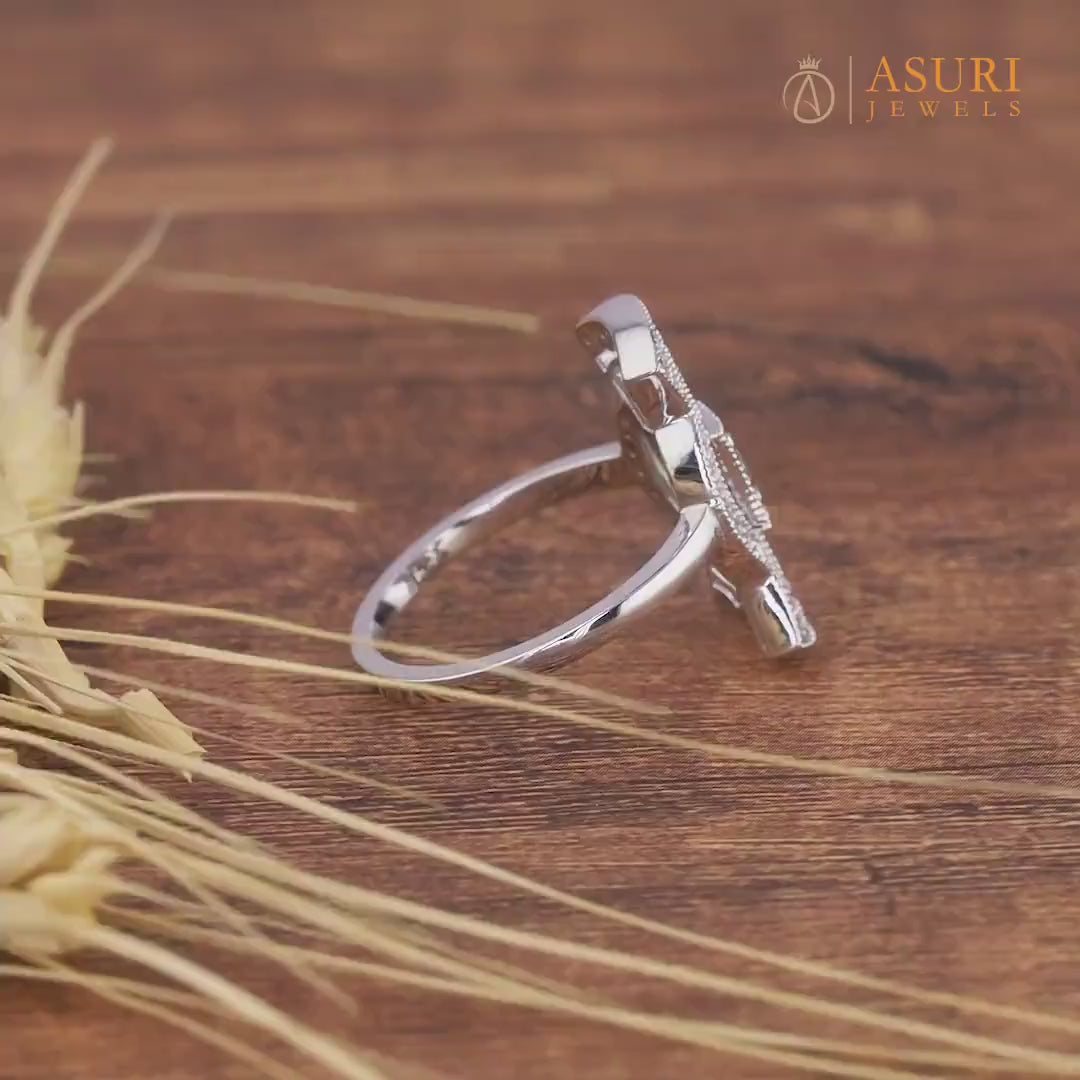 Antique Long Art Deco Edwardian Engagement Ring Retro Long Openwork Ring For Women Victorian Style Milgrain Ring