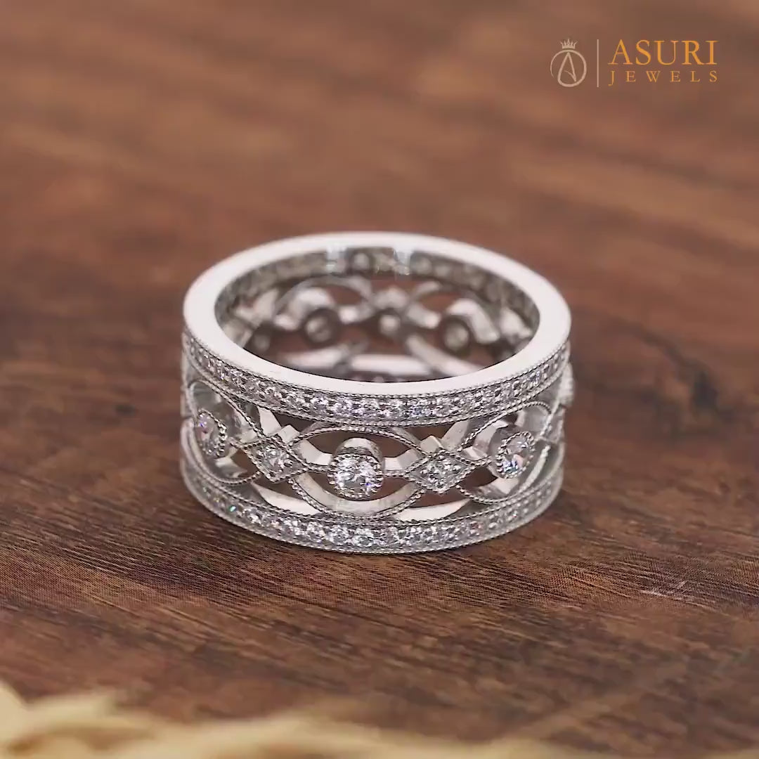 Vintage Filigree Wedding Anniversary Bands For Women, Unique Milgrain Art Deco Band, Wide Wedding Band Ring, Estate Jewelry Rings