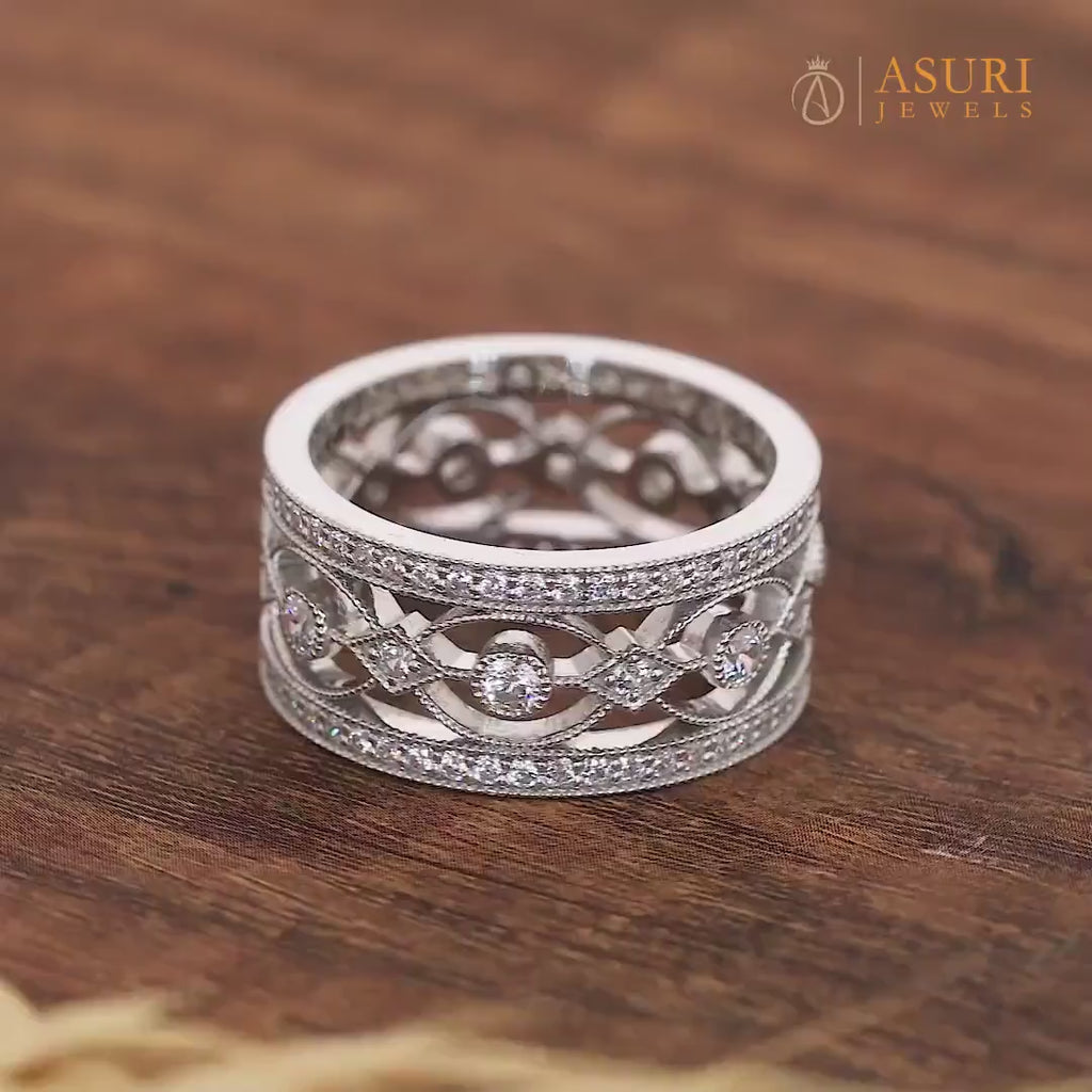 Vintage Filigree Wedding Anniversary Bands For Women, Unique Milgrain Art Deco Band, Wide Wedding Band Ring, Estate Jewelry Rings