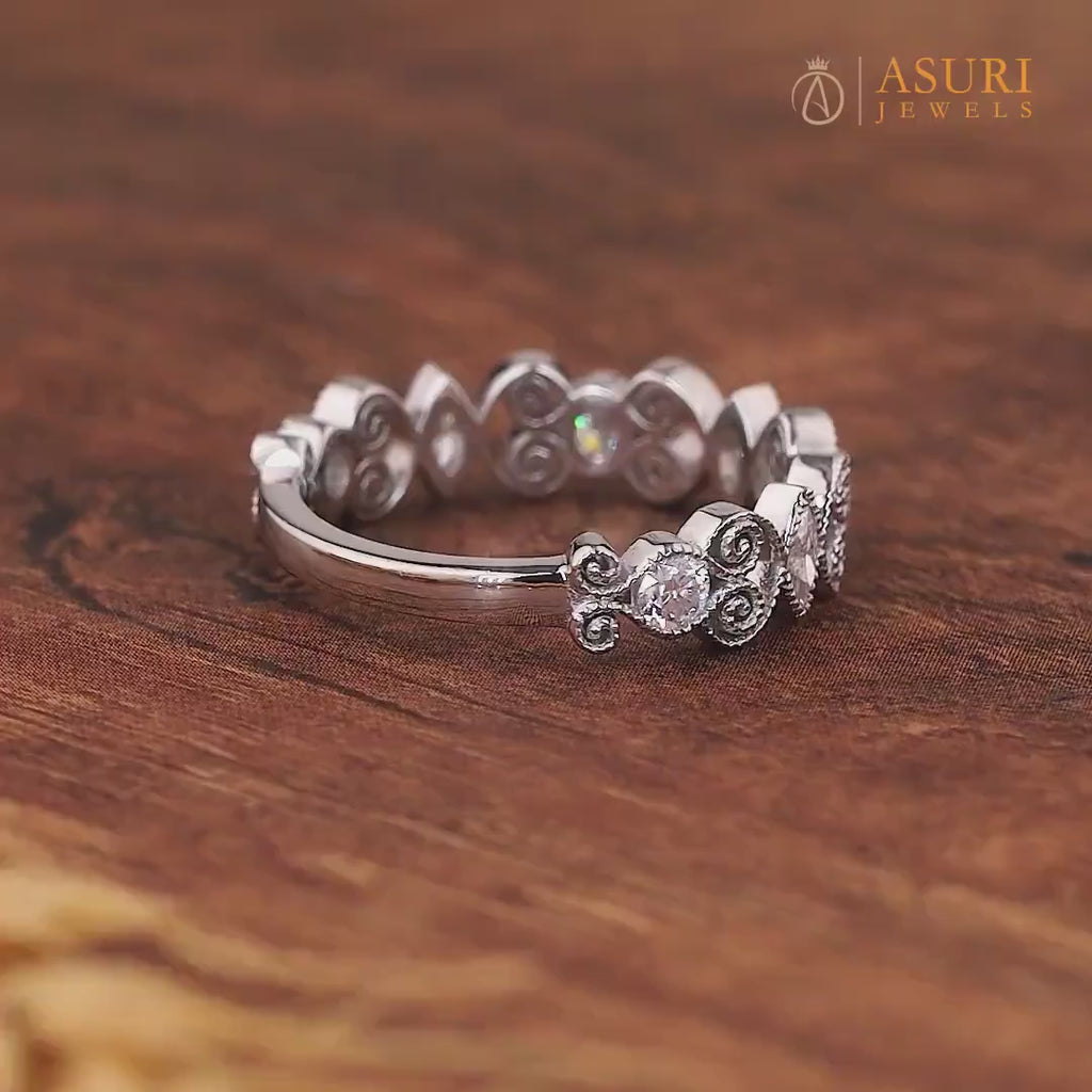 Filigree Wedding Band For Women Milgrain Vintage Anniversary Ring Unique Art Deco White Gold Ring Moissanite Wide Promise Band