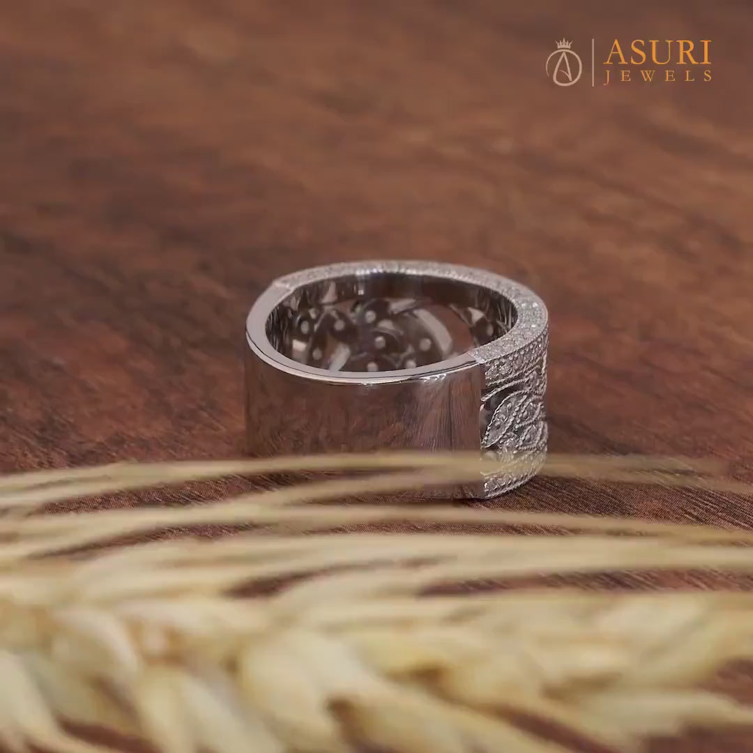 Nature Inspired Leaf Branch Anniversary Rings For Women Antique Filigree Wide Wedding Band Vintage Milgrain Band Moissanite Wide Band