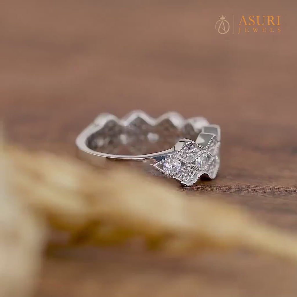 Art Deco Vintage Wedding Band Women, Moissanite Ring Band, Milgrain Vintage Band, Scalloped Edge Band, Unique Moissanite Anniversary Bands