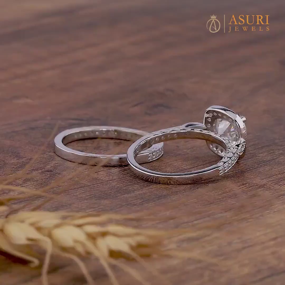 Moissanite Cushion Cut Halo Engagement Ring, Unique Carved Wedding Ring Set, Art Deco Vintage Bridal Ring Set, Matching Stackable Band