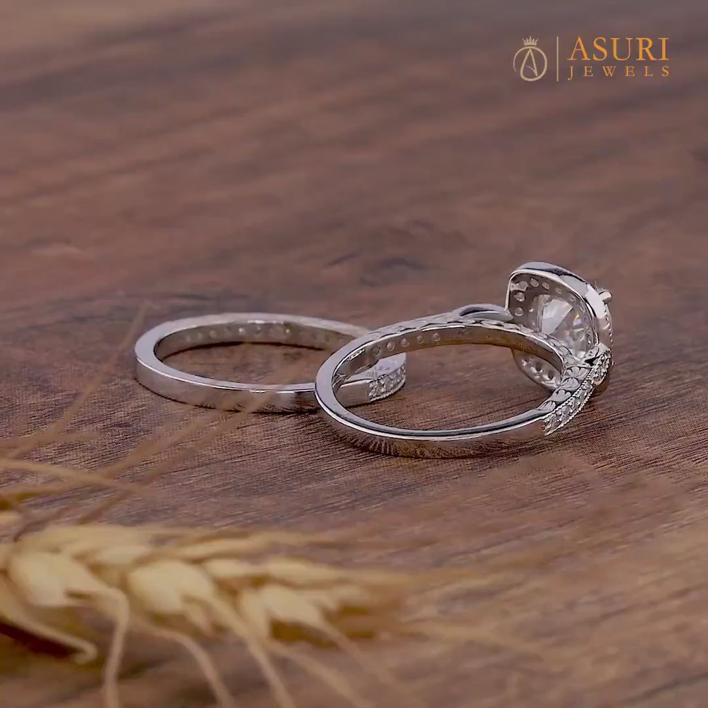 Moissanite Cushion Cut Halo Engagement Ring, Unique Carved Wedding Ring Set, Art Deco Vintage Bridal Ring Set, Matching Stackable Band