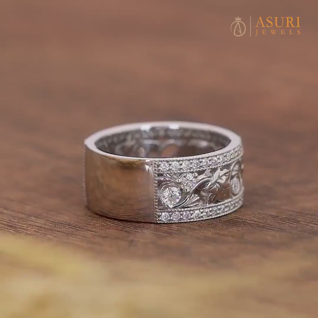 Maple Leaf Wedding Band Women, Engraved Leaf Wide Moissanite Band, Leaf And Branch Anniversary Band Ring, Nature Inspired Leaves Bridal Band, Art Deco Unique Band