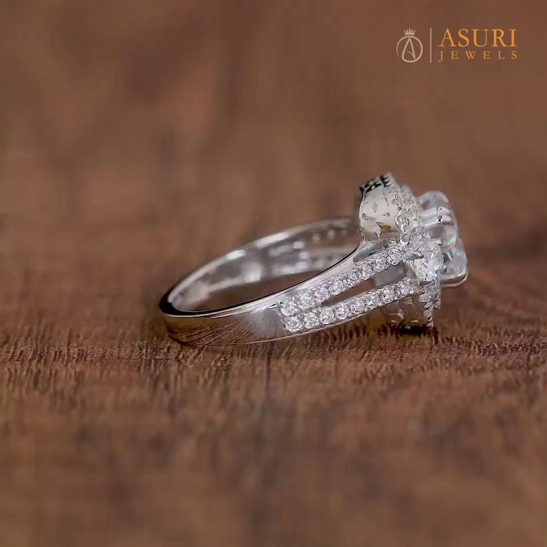 Round Double Halo Engagement Ring For Women, Art Deco Split Shank Ring, Moissanite Double Halo Ring, Silver &amp; Gold Promise Wedding Ring