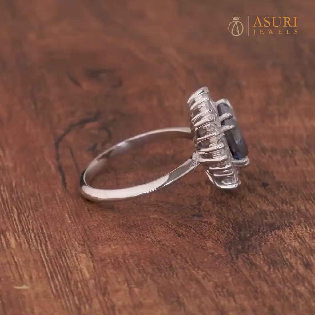 Ballerina Inspired Vintage Engagement Ring, Gatsby Art Deco Starburst Ring, Antique Blue Asscher Cut Moissanite Ring, Promise Ring For Women