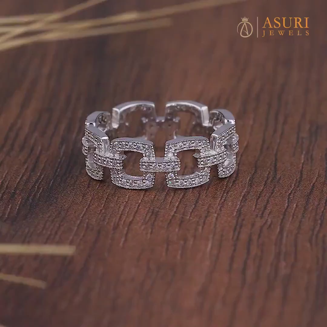 Chain Link Moissanite Pave Full Eternity Wedding Band, Interlink Cable Stacking Rings, Matching Band For Women