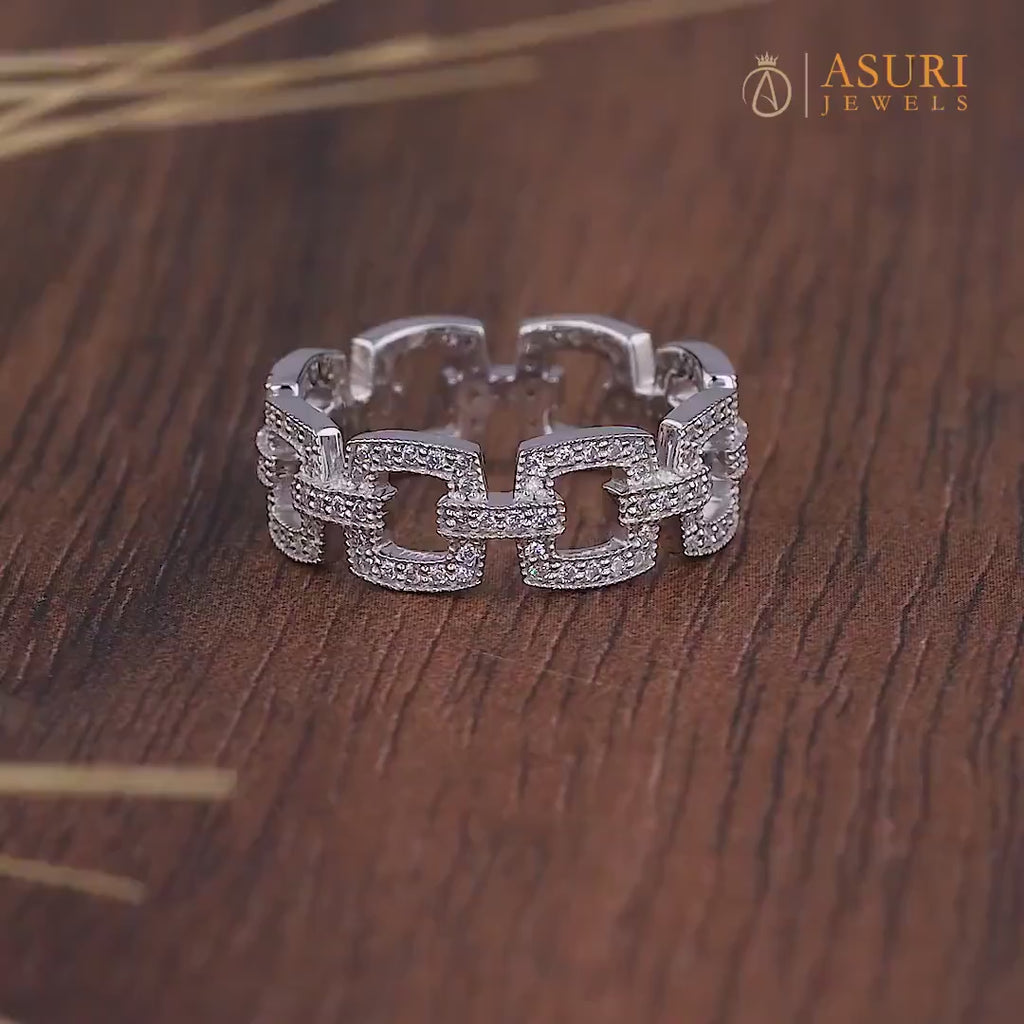 Chain Link Moissanite Pave Full Eternity Wedding Band, Interlink Cable Stacking Rings, Matching Band For Women