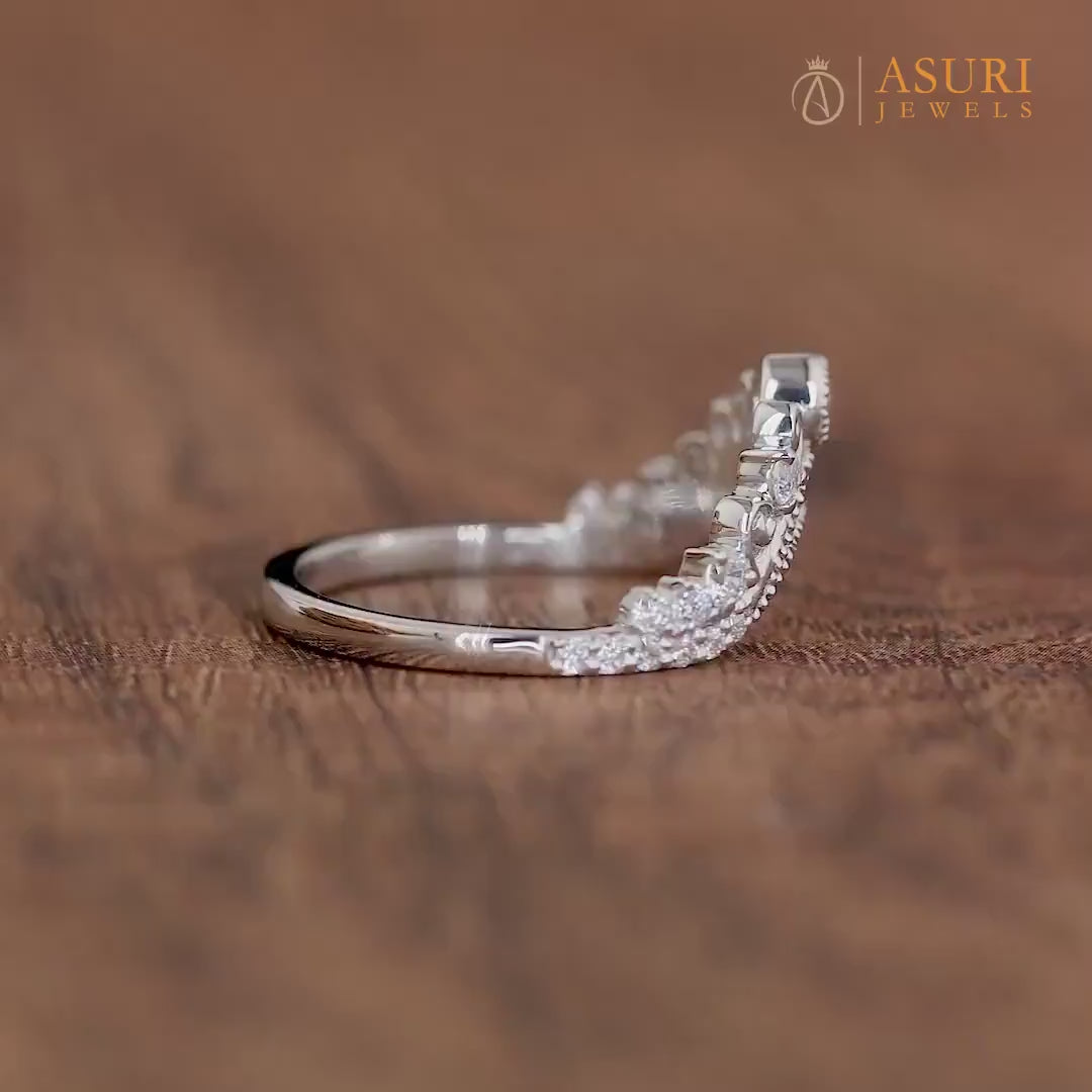 Vintage Curved Wedding Bands Women, Chevron Moissanite Band, Crown Style Stackable Rings, Unique Bridal Matching Band, Art Deco Curve Band
