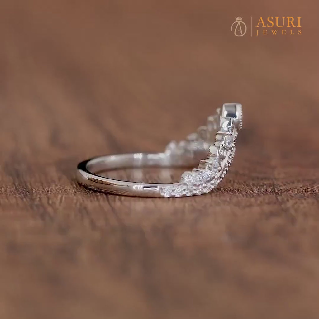 Vintage Curved Wedding Bands Women, Chevron Moissanite Band, Crown Style Stackable Rings, Unique Bridal Matching Band, Art Deco Curve Band