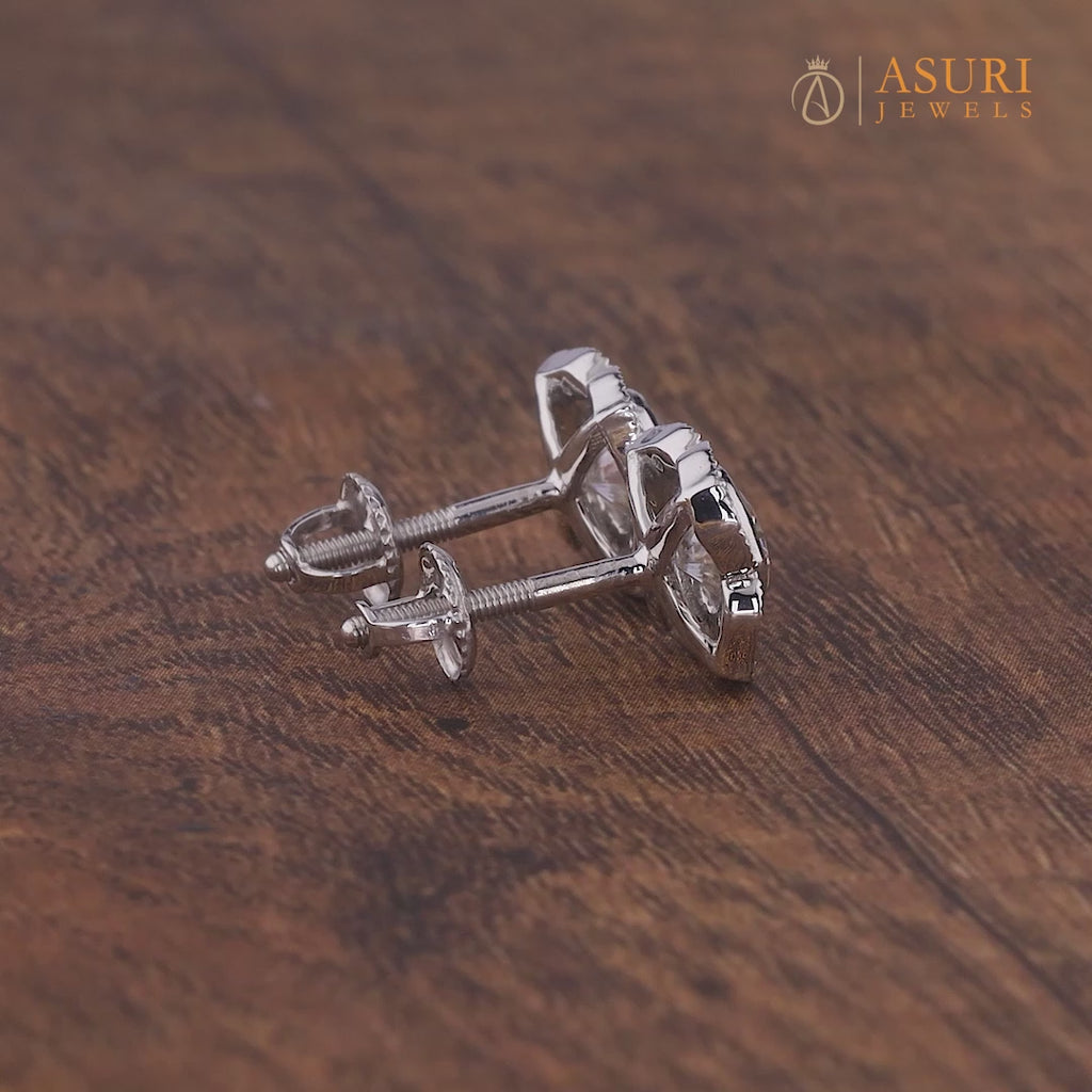 Floral Moissanite Stud Earrings, Nature Inspired Unique Earrings, Cushion Cut Halo Studs For Women, Art Deco Vintage Earrings