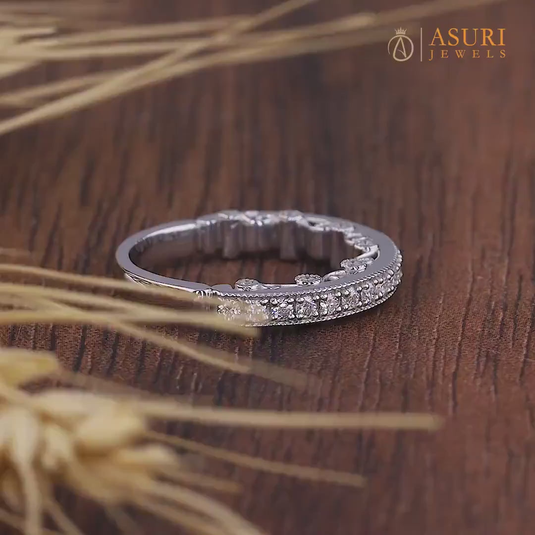 Peekaboo Vintage Style Half Eternity Art Deco Wedding Band, Milgrain Unique Bridal Band, Stackable Anniversary Band For Women