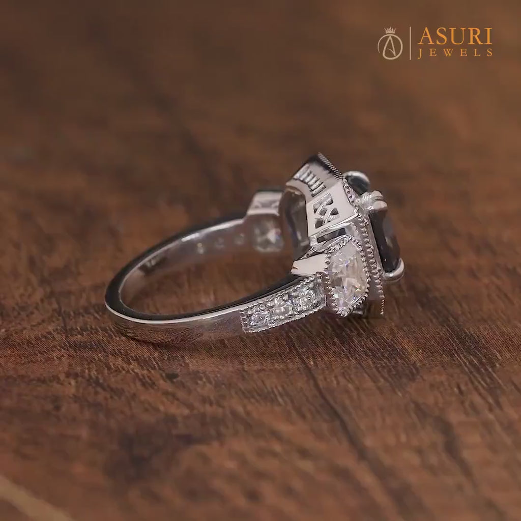 Blue Moissanite Asscher Cut Halo Engagement Ring, Electric Blue Stone Ring, Art Deco Milgrain Vintage Ring, Three Stone Rings For Women