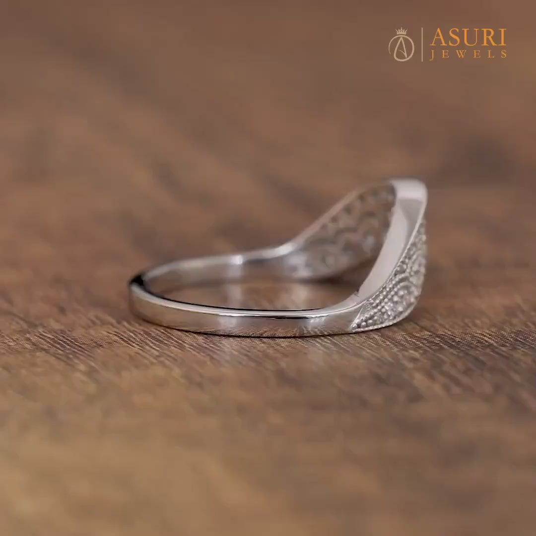 Arched Wedding Bands Women, Moissanite Vintage Curved Band, Art Deco Contour Stackable Rings, Unique Milgrain Ring For Wedding, Matching Bridal Ring, Curve Stacking Ring