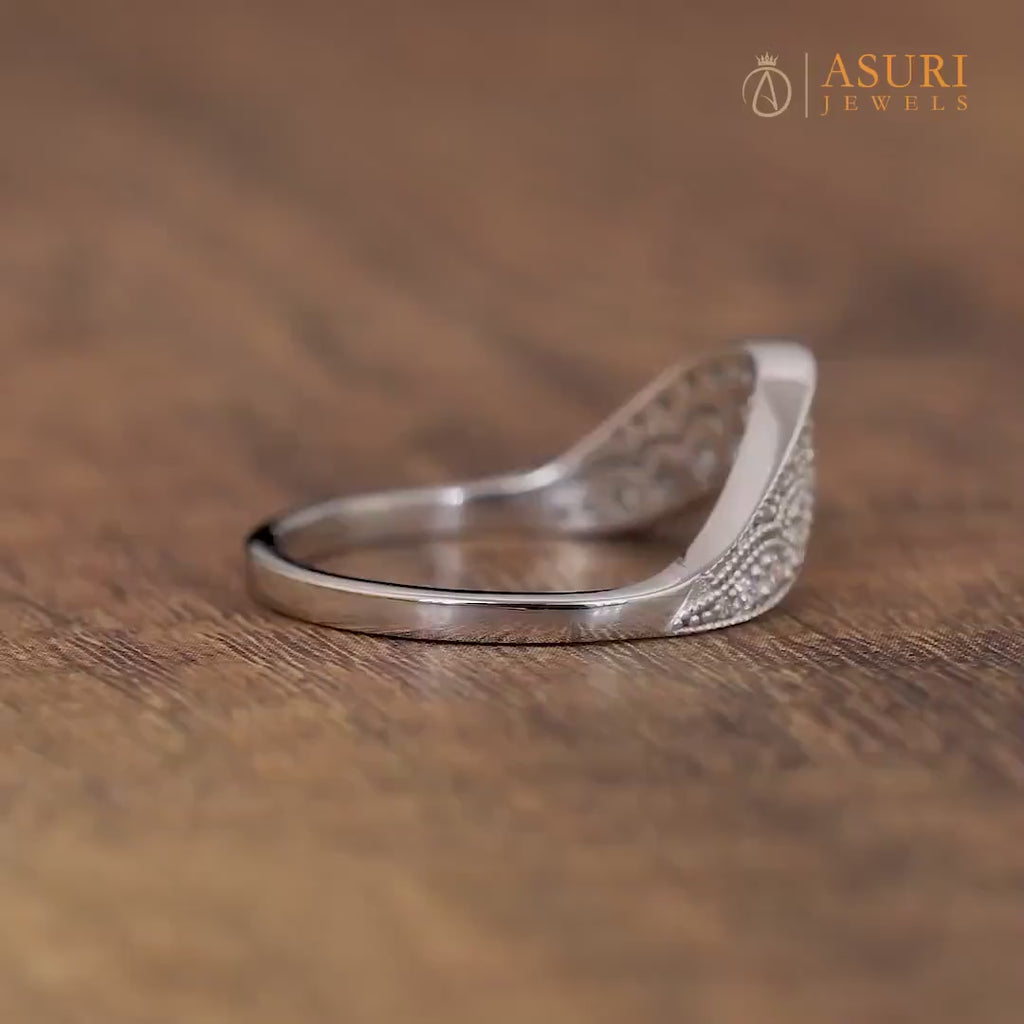 Arched Wedding Bands Women, Moissanite Vintage Curved Band, Art Deco Contour Stackable Rings, Unique Milgrain Ring For Wedding, Matching Bridal Ring, Curve Stacking Ring