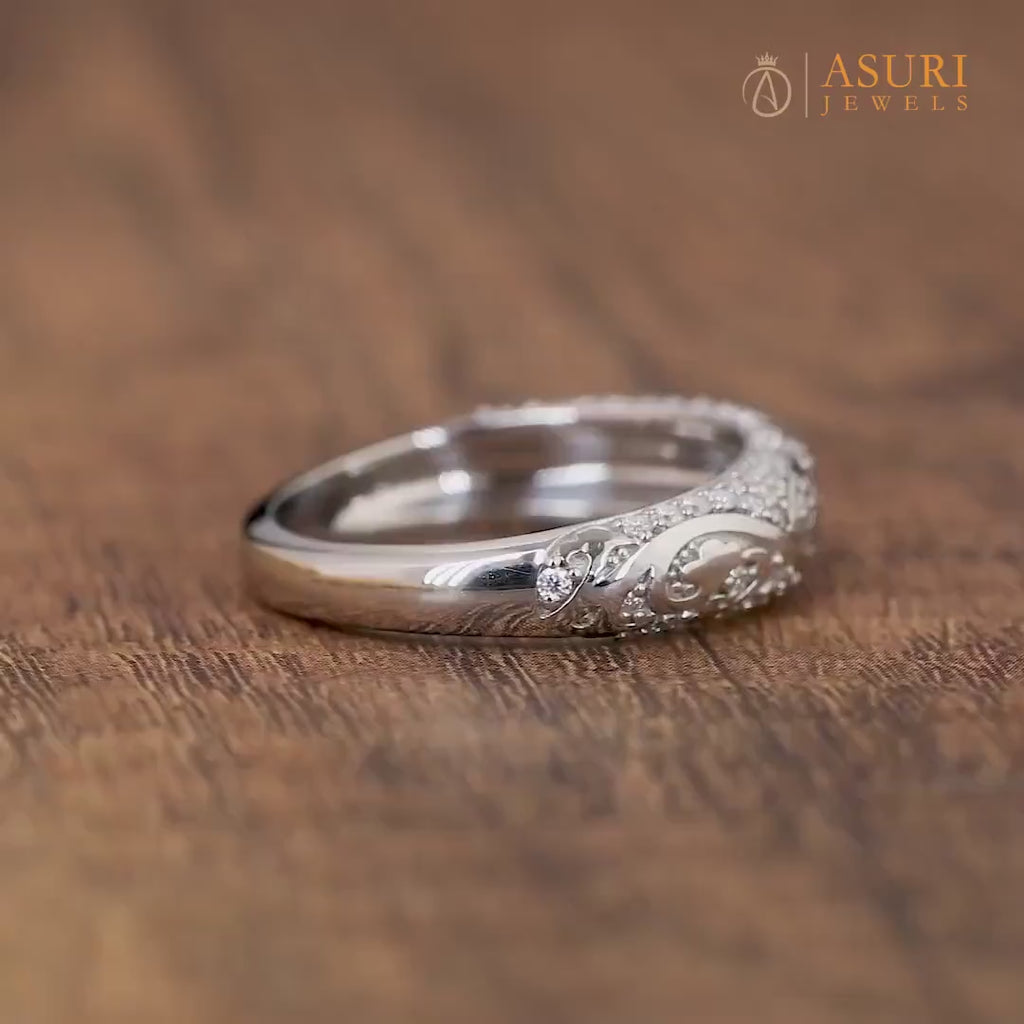 Moissanite Dome Wedding Band Women, Art Deco Vintage Anniversary Rings, Half Eternity Carved Style Band, Unique Filigree Ring For Bridal