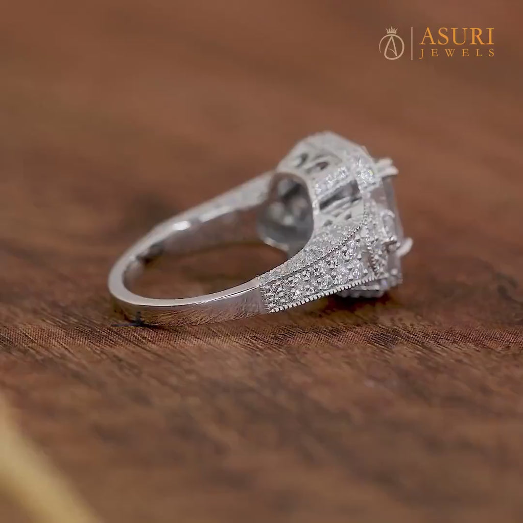 Moissanite Emerald Cut Halo Engagement Ring, Art Deco Milgrain Ring, Unique Promise Rings For Women, Silver &amp; Gold Vintage Inspired Ring