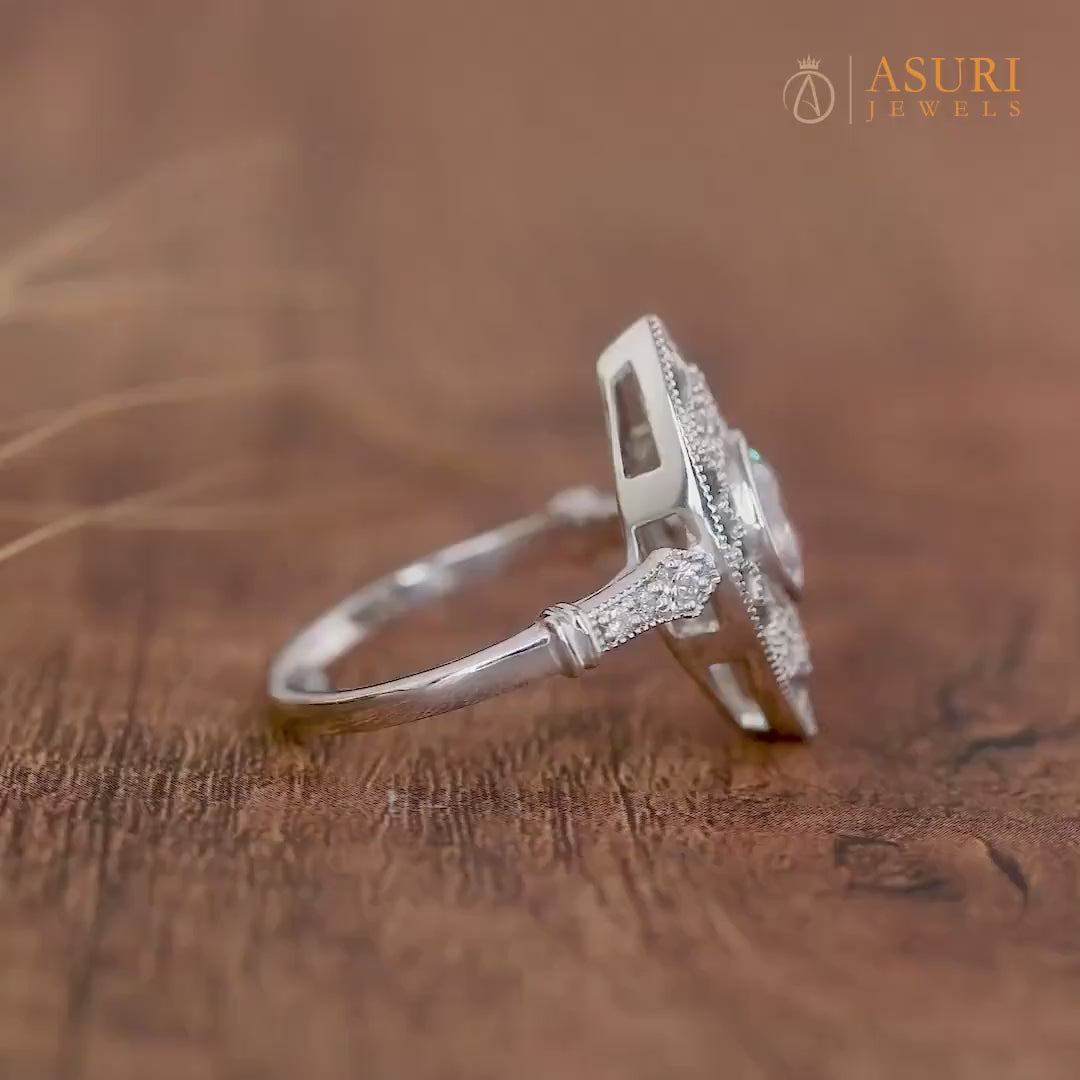 Moissanite Edwardian Rings For Women, Elongated Art Deco Engagement Ring, Unique Milgrain Estate Jewelry Ring, Bezel Set Round Ring