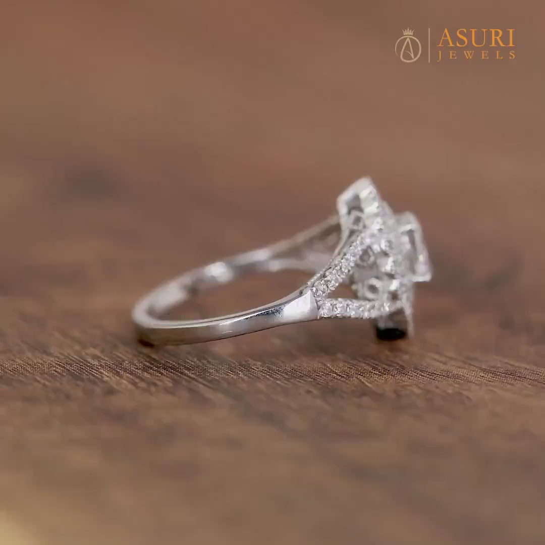 Art Deco Style Moissanite Ring, Vintage Inspired Ring, Oval Double Halo Engagement Ring, Milgrain Ring, Split Shank Ring Unique Promise Ring, Small Dotes Ring