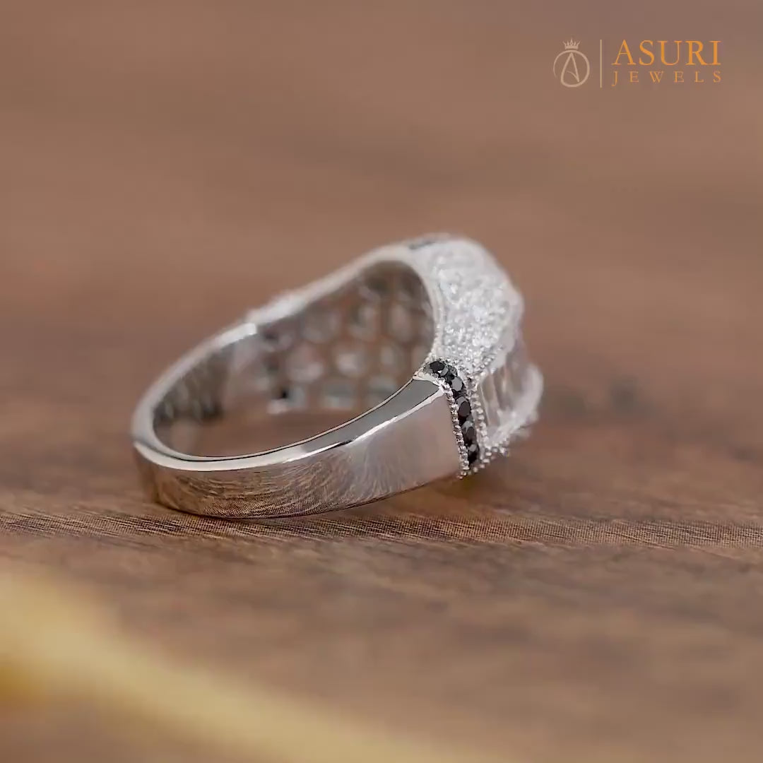 Vintage Statement Ring Women, Art Deco Dome Ring, Moissanite Chunky Dome Ring, Channel Baguette Engagement Ring, Unique Pave Milgrain Ring