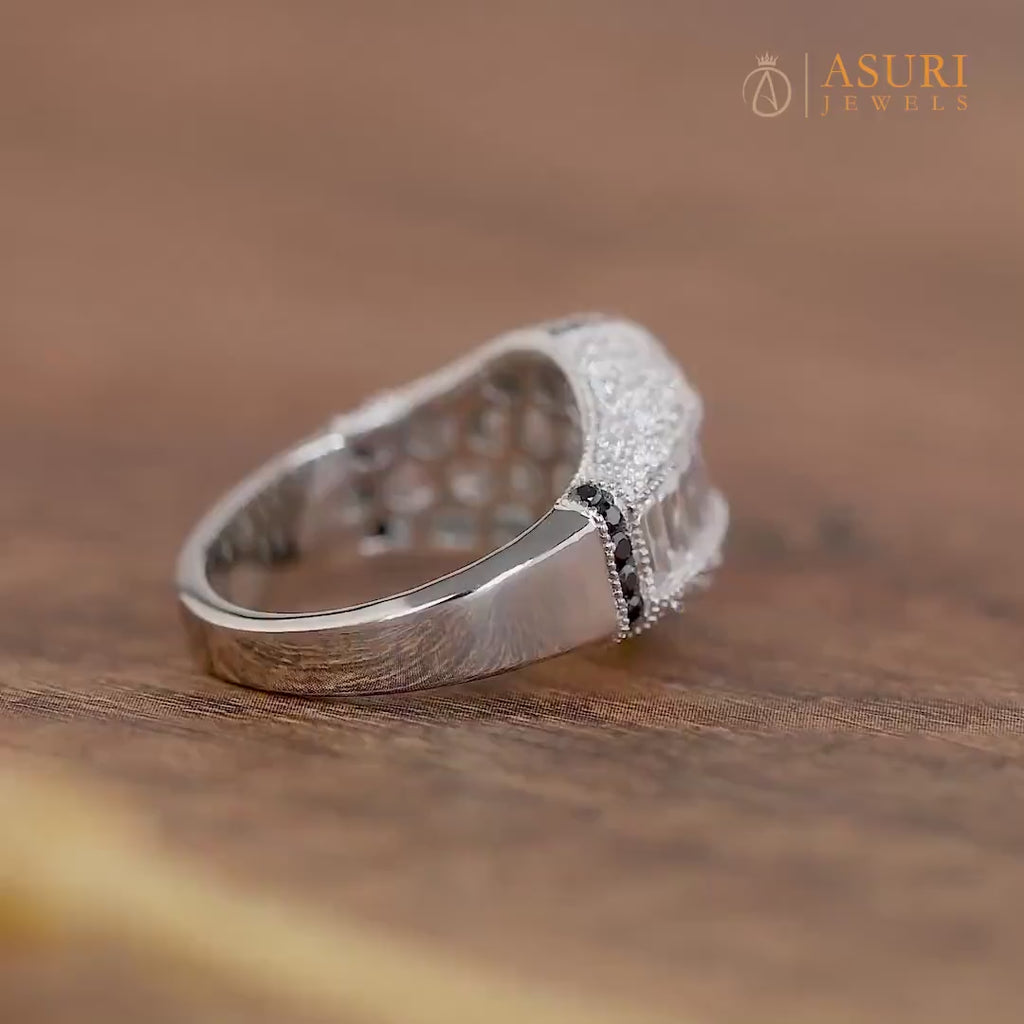 Vintage Statement Ring Women, Art Deco Dome Ring, Moissanite Chunky Dome Ring, Channel Baguette Engagement Ring, Unique Pave Milgrain Ring