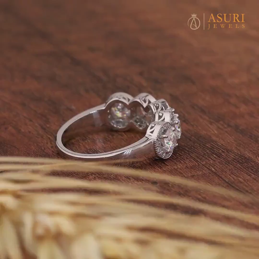 Five Round Moissanite Halo Wedding Band, 5 Stones Halo Anniversary Rings For Women, Unique Promise Ring For Her, 14K White Gold Band