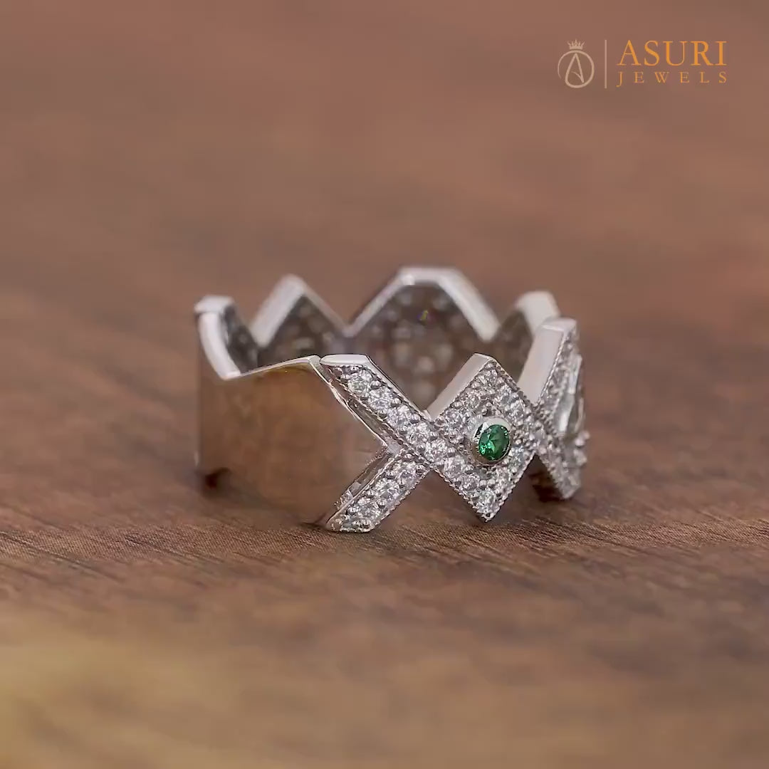 Moissanite Zig Zag Wedding Bands Women, Celtic Endless Knot Ring, Green Stone Wide Anniversary Rings, Art Deco Unique Band, Thick Band Ring