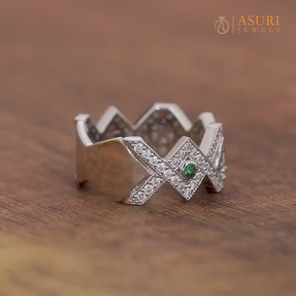 Moissanite Zig Zag Wedding Bands Women, Celtic Endless Knot Ring, Green Stone Wide Anniversary Rings, Art Deco Unique Band, Thick Band Ring