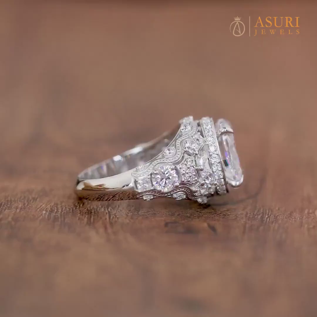 Art Deco Oval Engagement Ring, Moissanite Unique Rings For Women, Vintage Style Wedding Ring, Antique Filigree Ring, Carved Ring