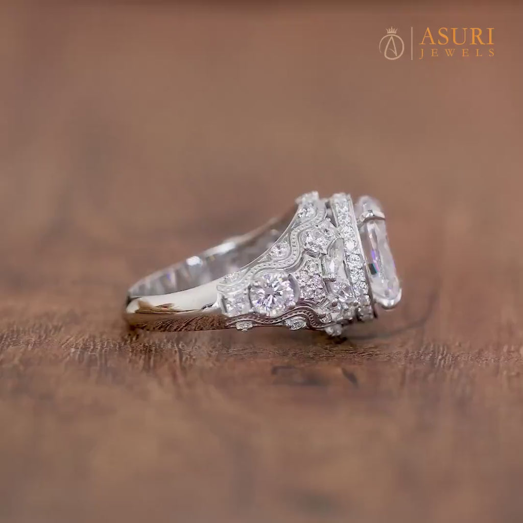 Art Deco Oval Engagement Ring, Moissanite Unique Rings For Women, Vintage Style Wedding Ring, Antique Filigree Ring, Carved Ring