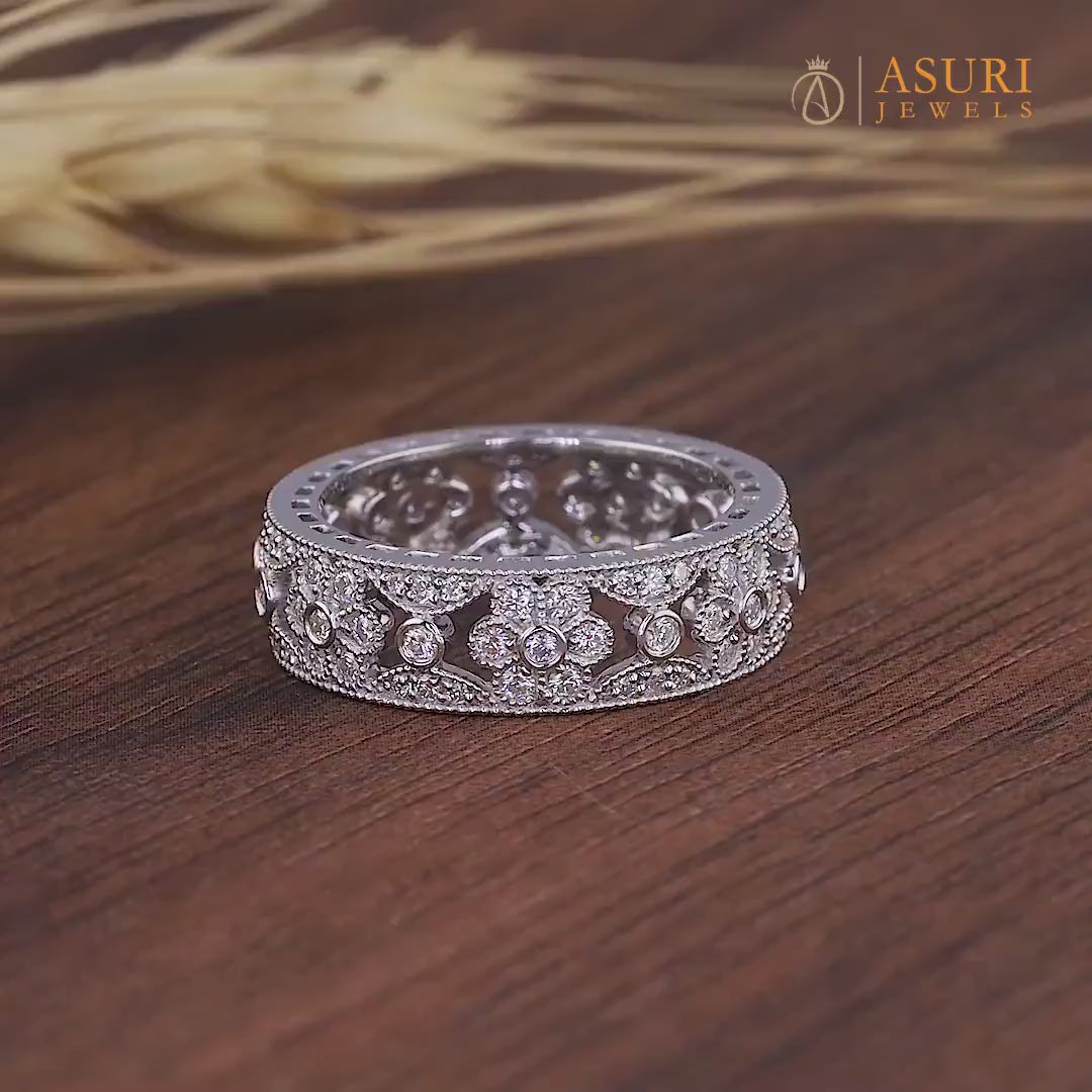 Nature Inspired Art Deco Moissanite Full Eternity Wedding Band, Floral Inspire Vintage Style Wide Band, Milgrain Anniversary Band