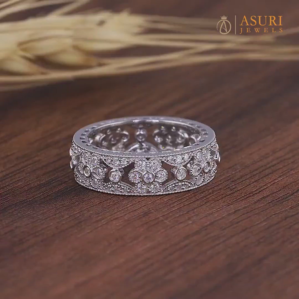 Nature Inspired Art Deco Moissanite Full Eternity Wedding Band, Floral Inspire Vintage Style Wide Band, Milgrain Anniversary Band