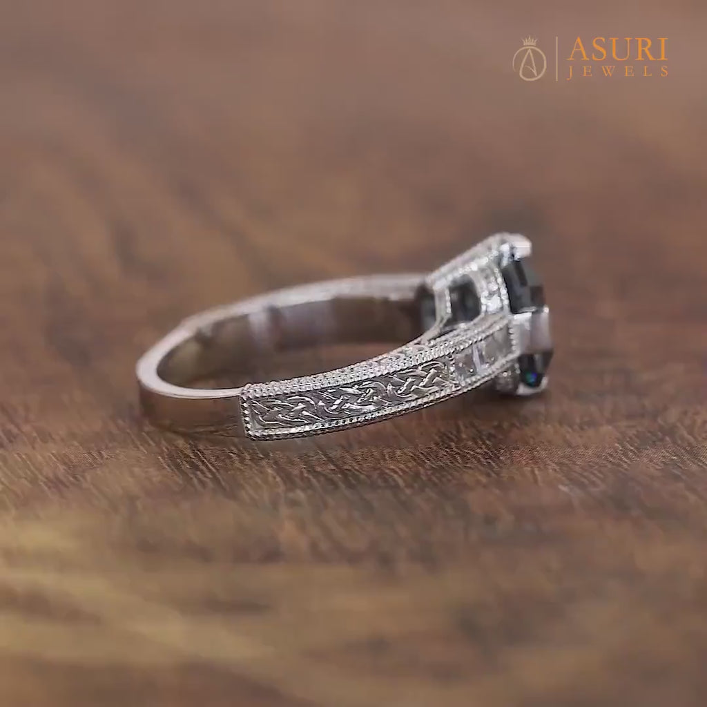 Electric Dark Blue Moissanite Asscher Cut Engagement Ring, Antique Vintage Carved Ring, Art Deco Filigree Rings For Women, Unique Ring, Engraved Vintage Ring, Blue Moissanite Ring