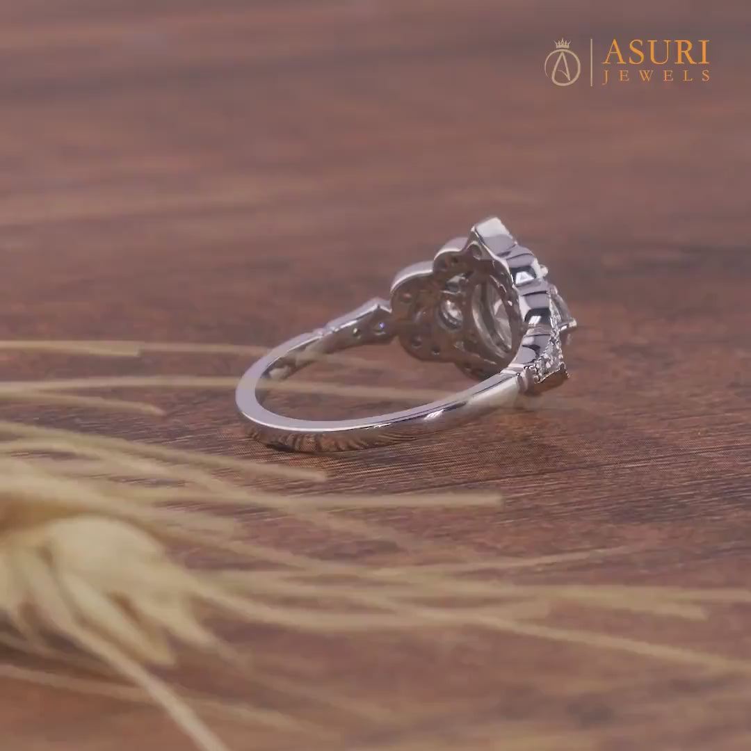 Estate Three Stone Oval Moissanite Engagement Rings For Women Art Deco Milgrain Vintage Style Promise Ring