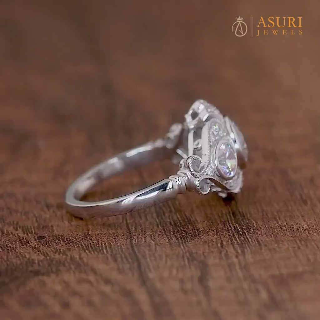 Bezel Set Round 3 Stone Engagement Ring, Moissanite Art Deco Vintage Ring, Unique Milgrain Rings For Women, Promise Ring For Her, Filigree Anniversary Rings, Antique Wedding Band
