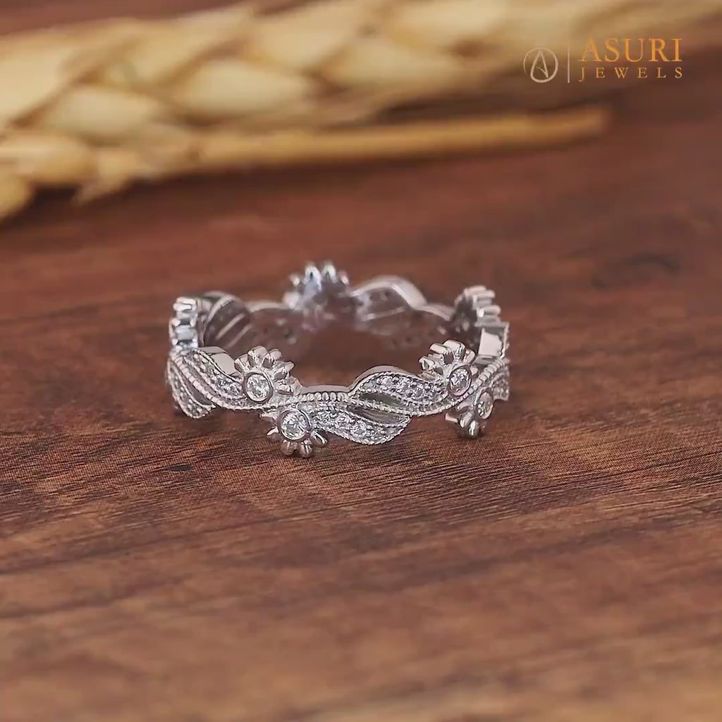 Vintage Filigree Wedding Bands Women Antique Moissanite Diamond Band Flower Anniversary Band Unique Wave Style Eternity Band