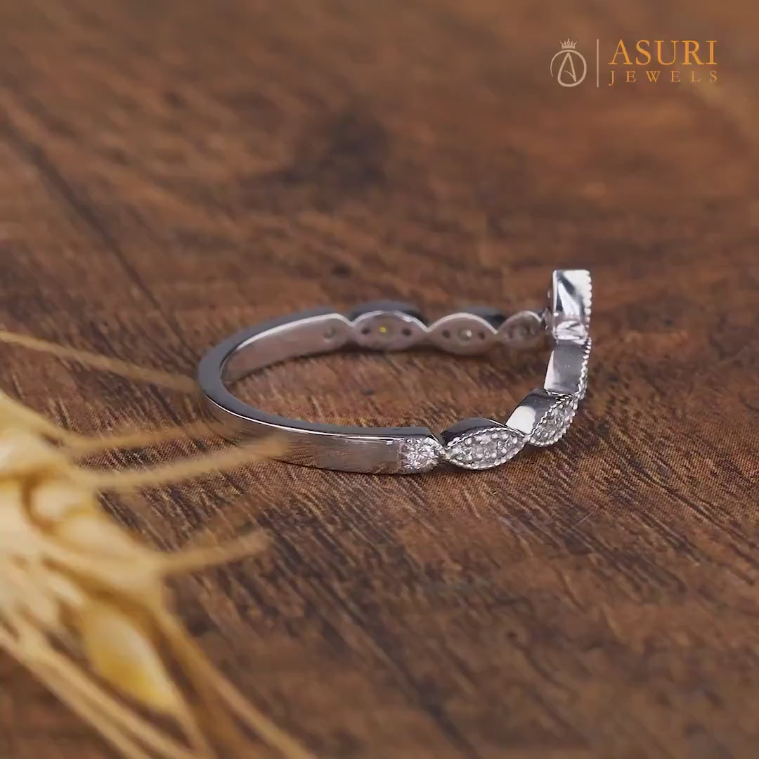 Milgrain Vintage Wedding Band, Moissanite Curved Stacking Band For Womens Ring, Art Deco Matching Band Ring, Bridal Stackable Rings