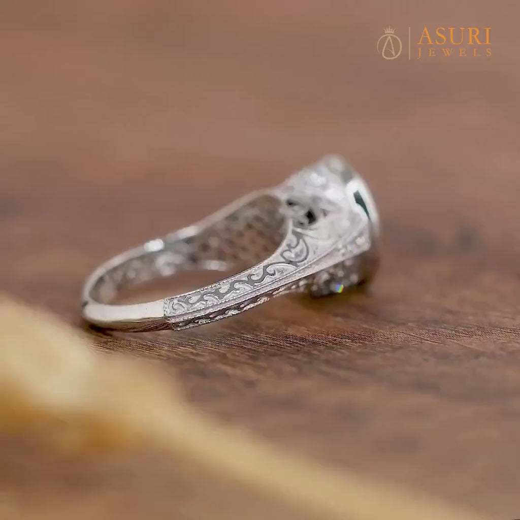 Edwardian Moissanite Engagement Ring, Bezel Set Oval Halo Ring, Antique Carving Ring, Art Deco Vintage Ring, 1920s Style Promise Ring Women