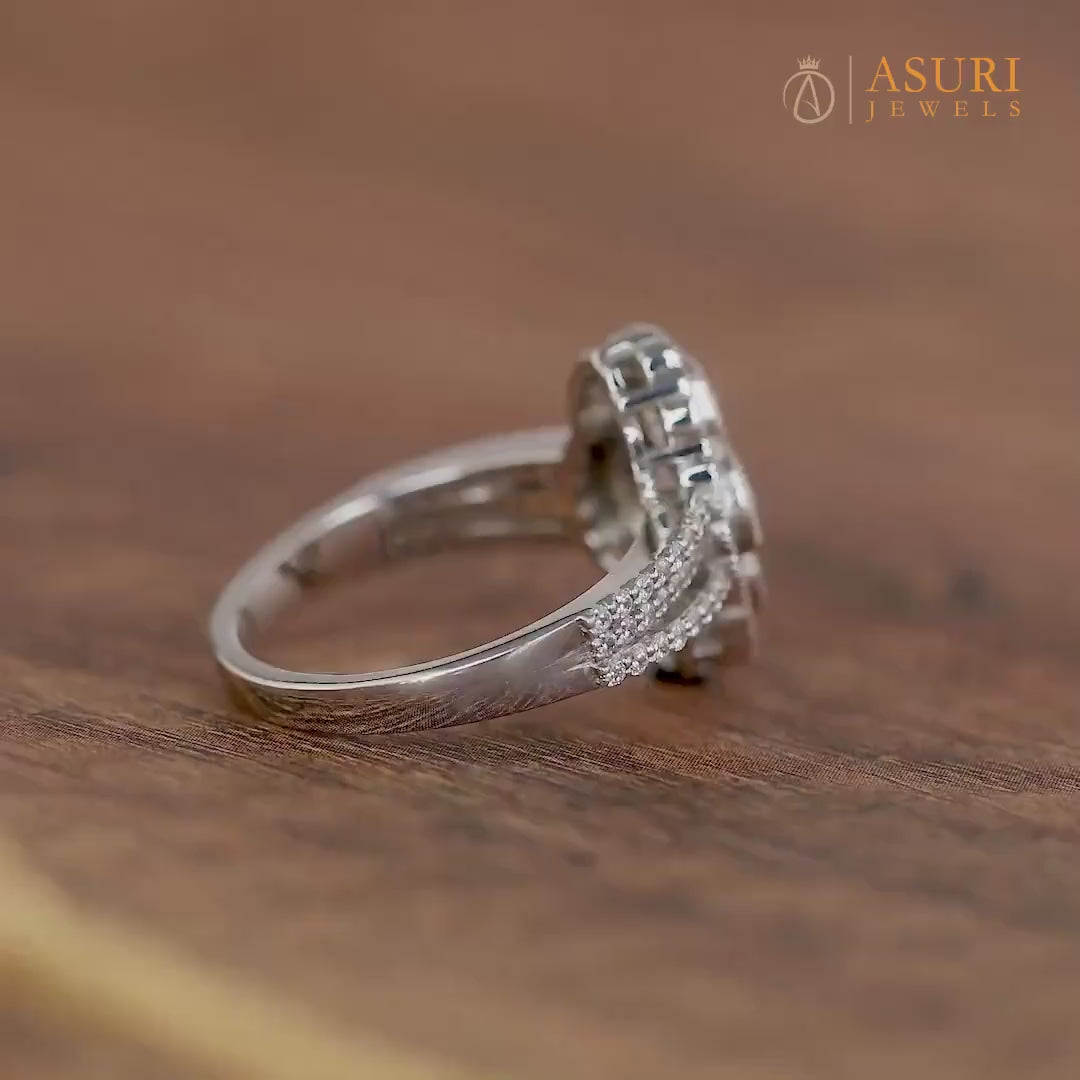 Elongated Vintage Inspired Ring, Art Deco Moissanite Ring, Cluster Engagement Ring, Round Stone Ring, Unique 1930s Style Ring, Womens Ring