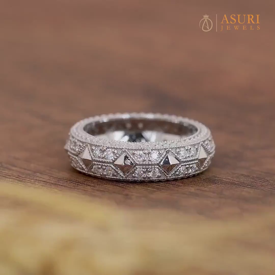Moissanite Full Eternity Band, Vintage Filigree Wedding Band, Carved Pyramid Bridal Matching Band, Milgrain Art Deco Ring, Wide Band Ring