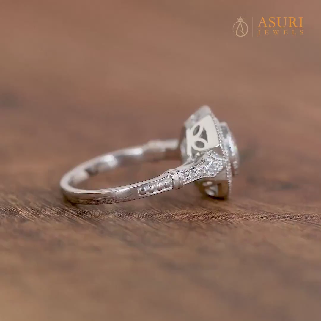 Octagon Shape Ring, Art Deco Style Moissanite Ring, Vintage Inspired Halo Engagement Ring, Antique Milgrain Ring, Bezel Set Round Ring Women