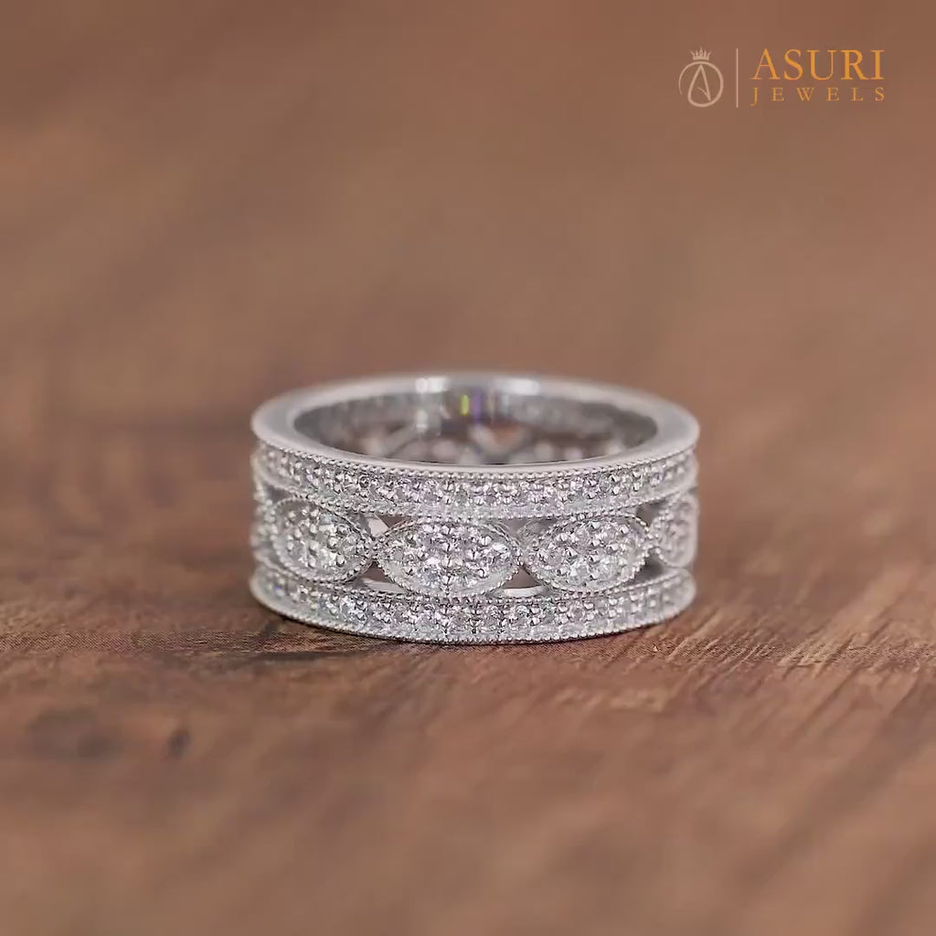 Vintage Filigree Anniversary Bands Women, Wide Full Eternity Band, Art Deco Moissanite Wedding Band Gold, Unique Thick Promise Ring For Her